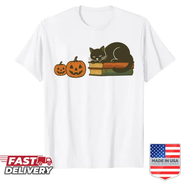 Illustrated shirt featuring a black cat, pumpkins, and books
