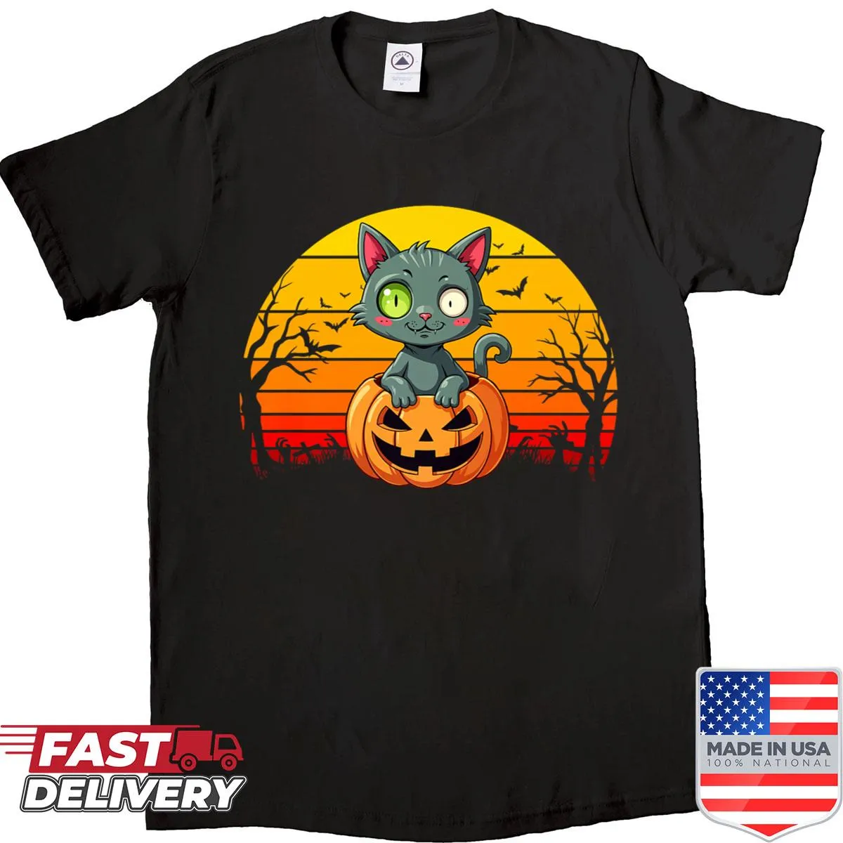Vintage-style Halloween shirt featuring a black cat and pumpkins