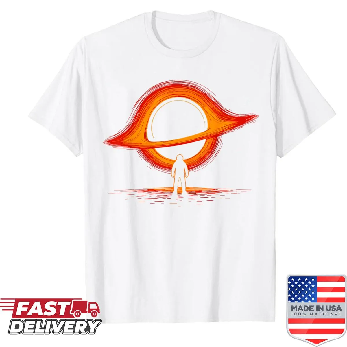Black hole physics astronaut graphic on a t-shirt, showcasing space exploration.