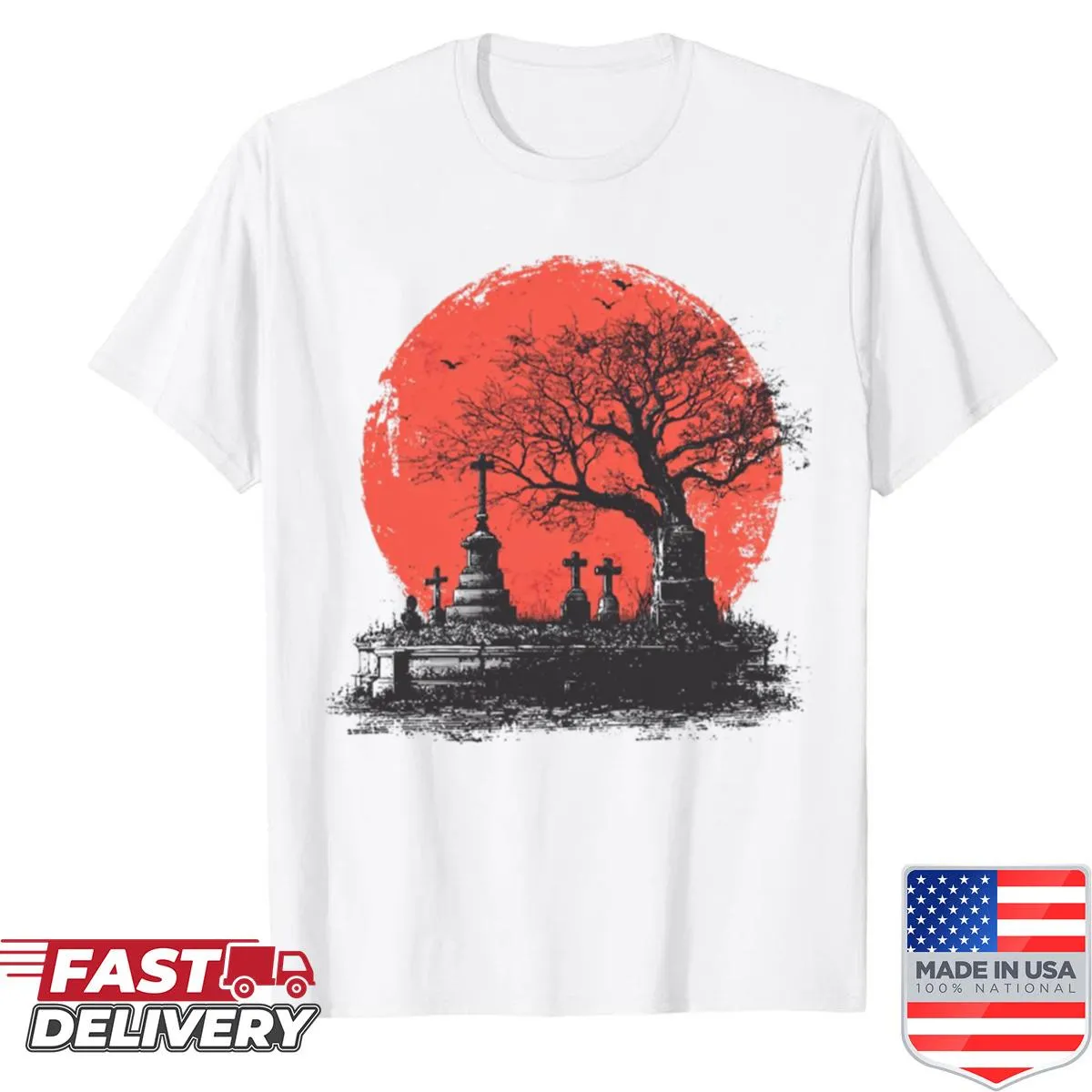 Graphic of a blood moon over a cemetery on a shirt