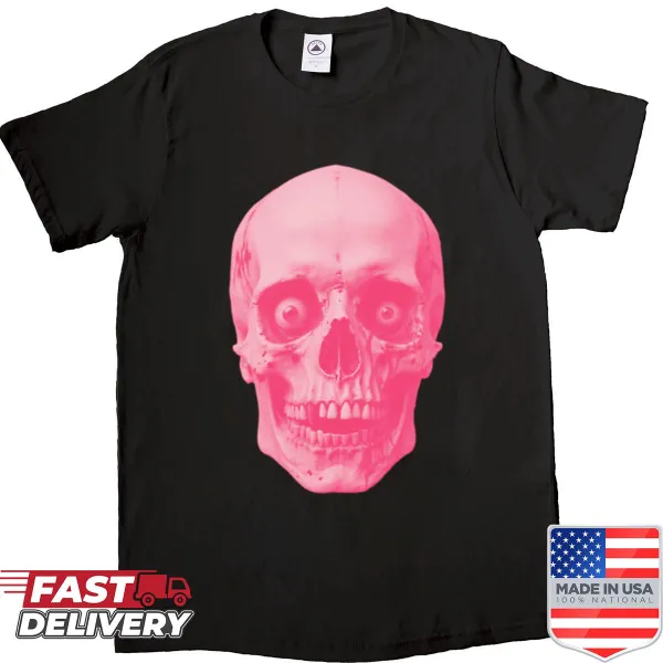 Creepy skull graphic with bloodshot eyes on an oversized Halloween shirt.