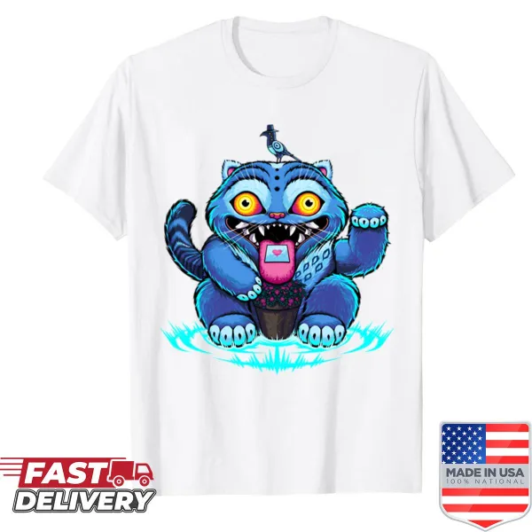 Cartoon blue tiger design on a boxy Kpop-themed shirt