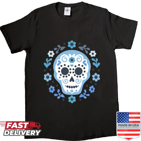 Oversized shirt featuring a blue Mexican skull design for Dia De Muertos