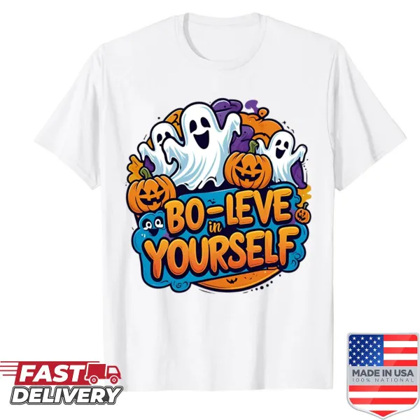 Retro cartoon Halloween shirt with cute ghosts and pumpkins