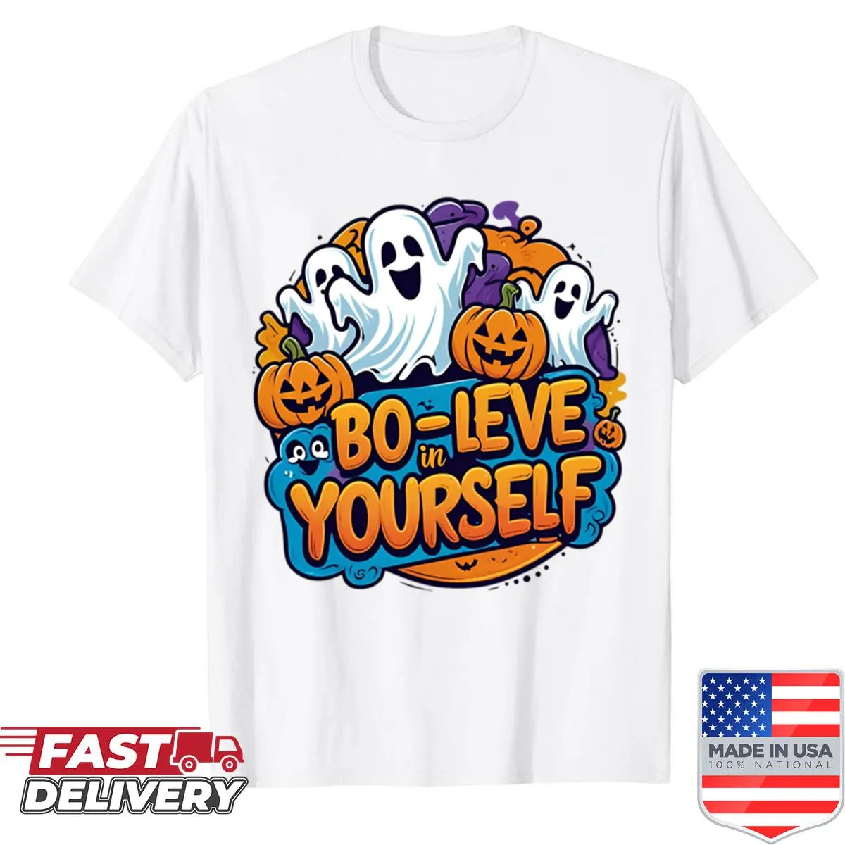 Retro cartoon Halloween shirt with cute ghosts and pumpkins