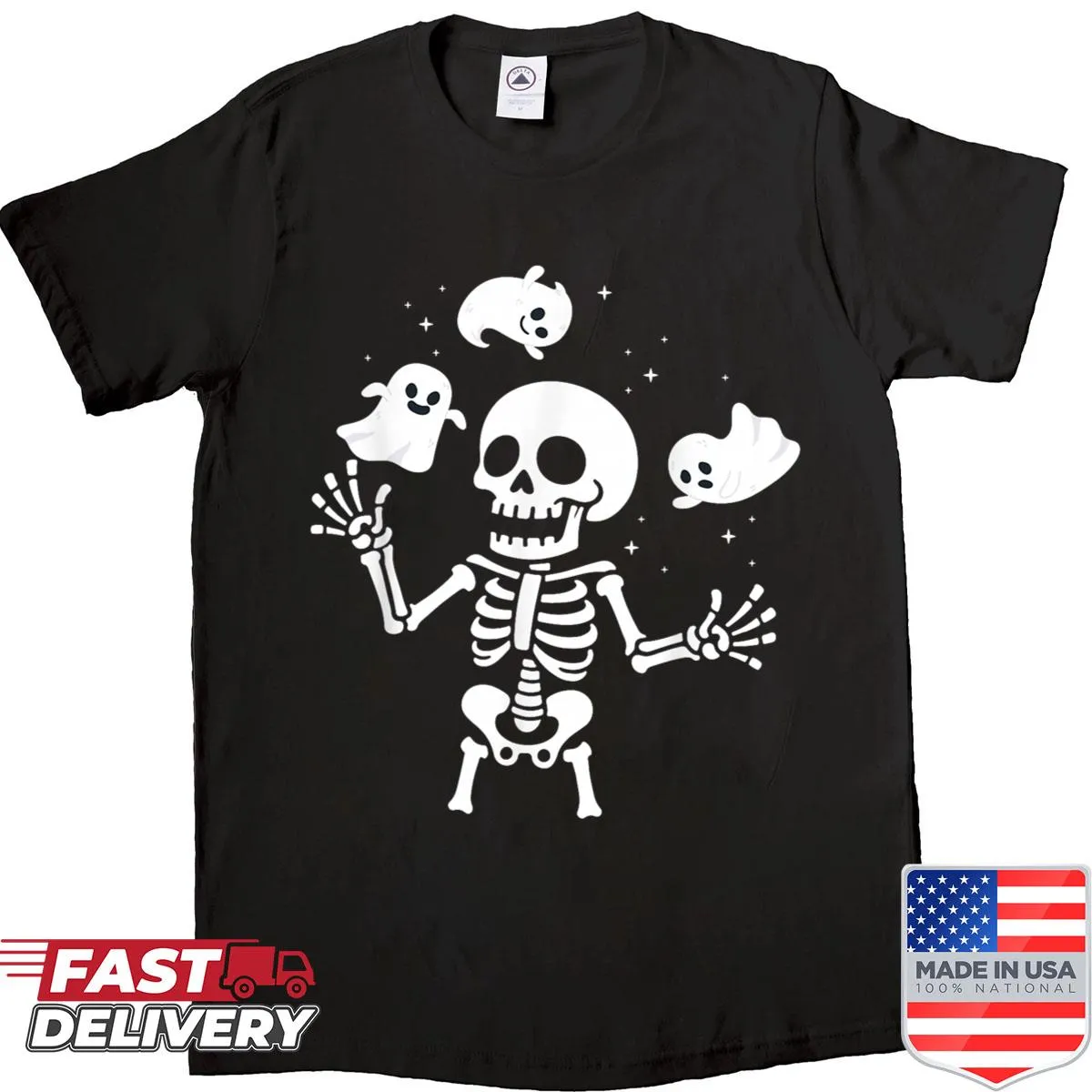 Humorous Halloween t-shirt with ghost and skeleton illustration
