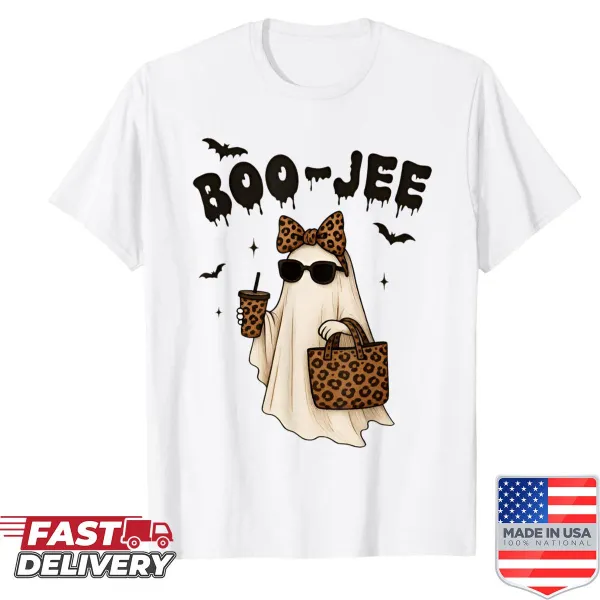 Cute ghost drinking coffee with bow on a Halloween shirt
