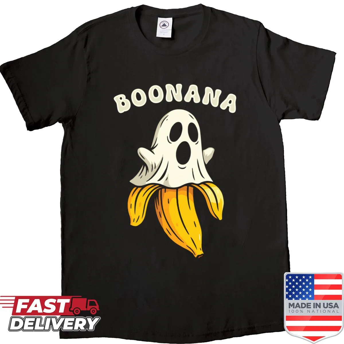 Cute ghost dressed as a banana in a funny Halloween shirt.