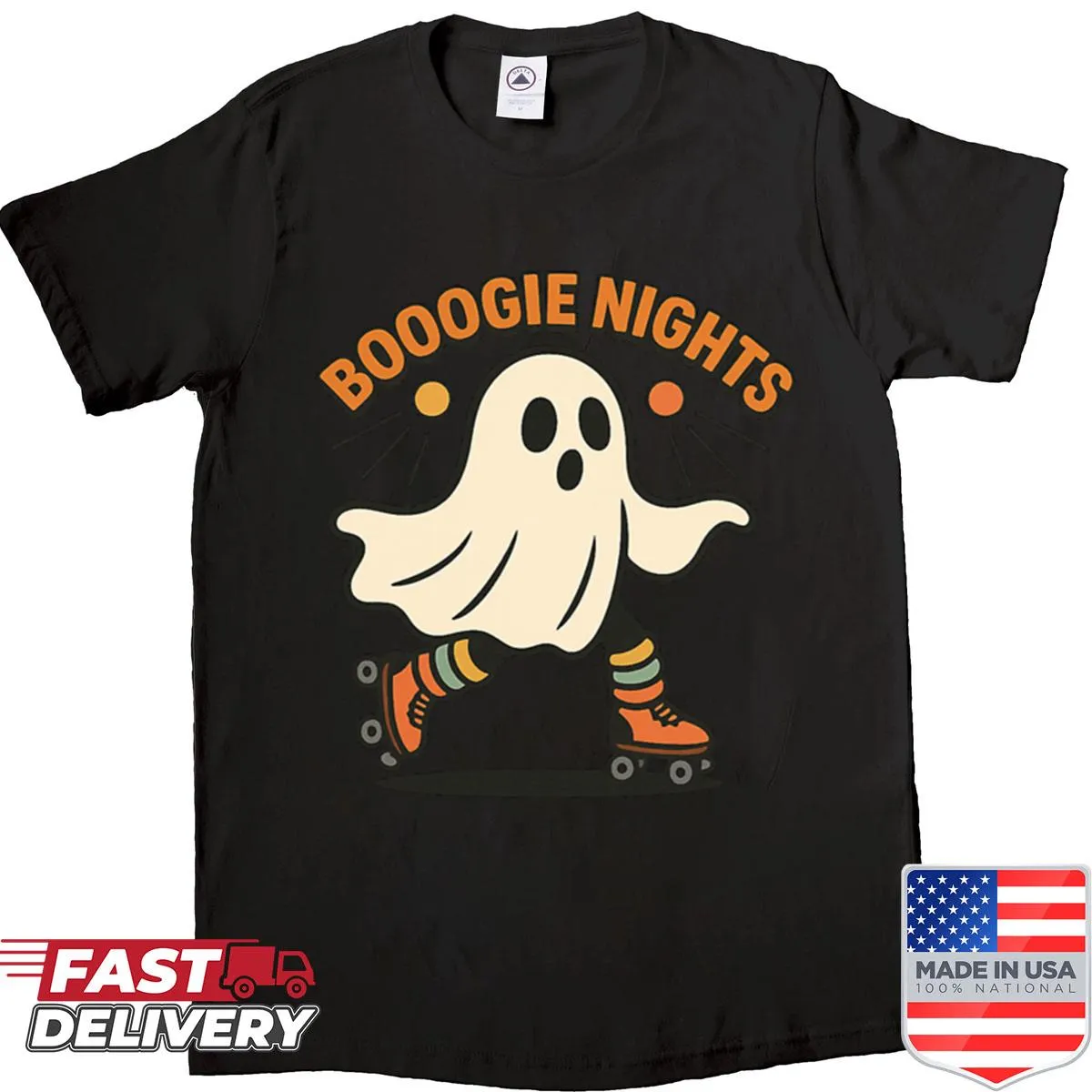 Oversized shirt with a playful 'Booogie Nights' disco graphic.