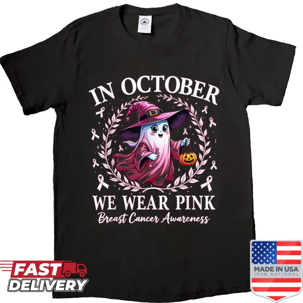 Cute pink ghost in a witch hat graphic on a Breast Cancer Awareness shirt