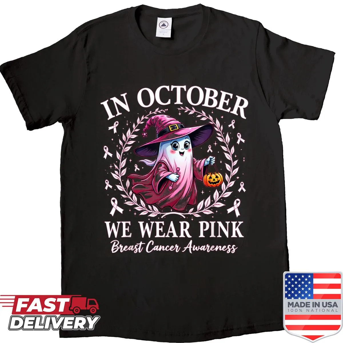 Cute pink ghost in a witch hat graphic on a Breast Cancer Awareness shirt