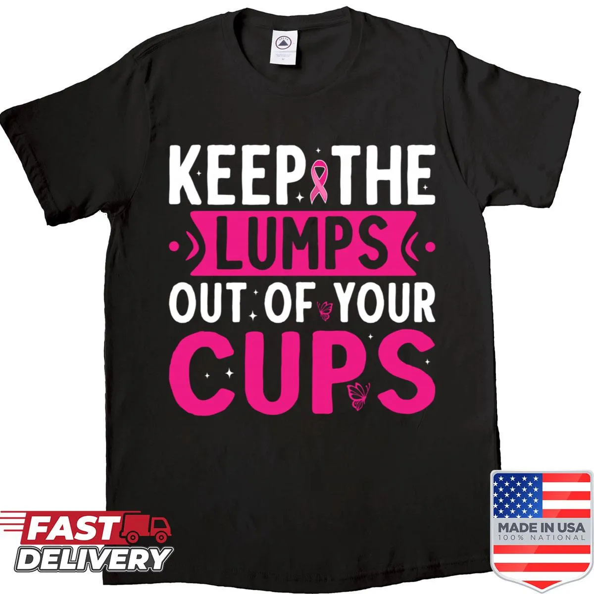 Pink ribbon graphic on a Breast Cancer Awareness shirt