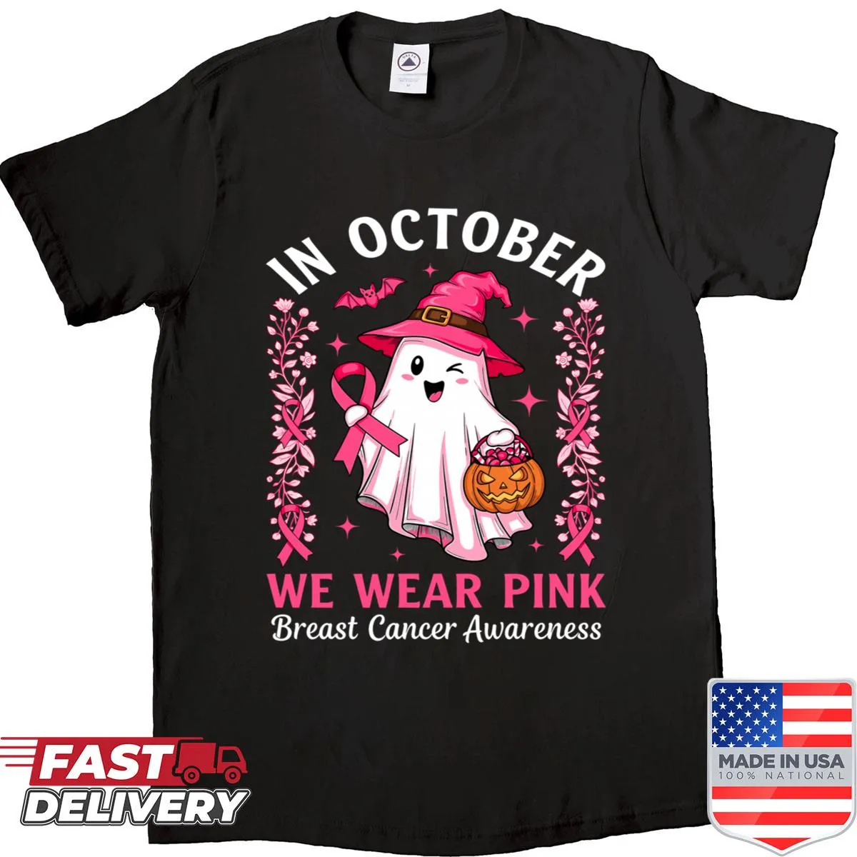 Ghost graphic with 'In October We Wear Pink' on Halloween T-shirt
