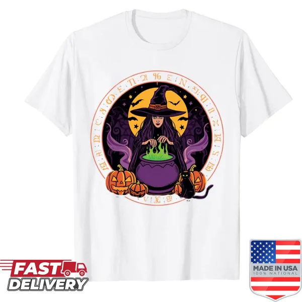 Halloween shirt featuring a witch and cauldron design