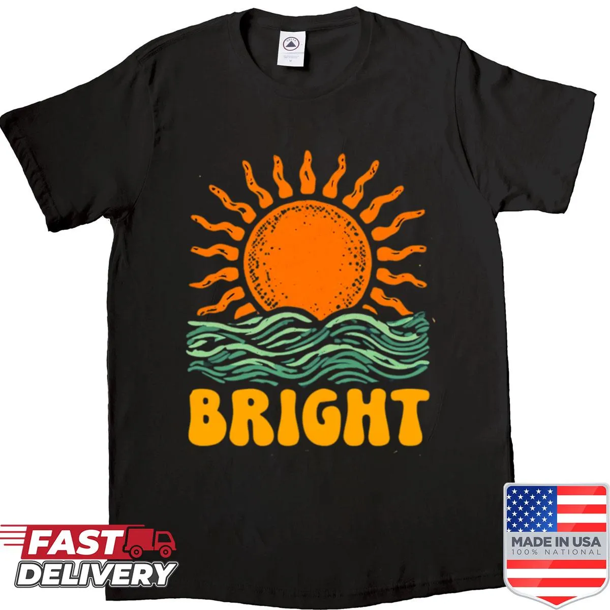 Illustration of a bright sun over waves on a shirt