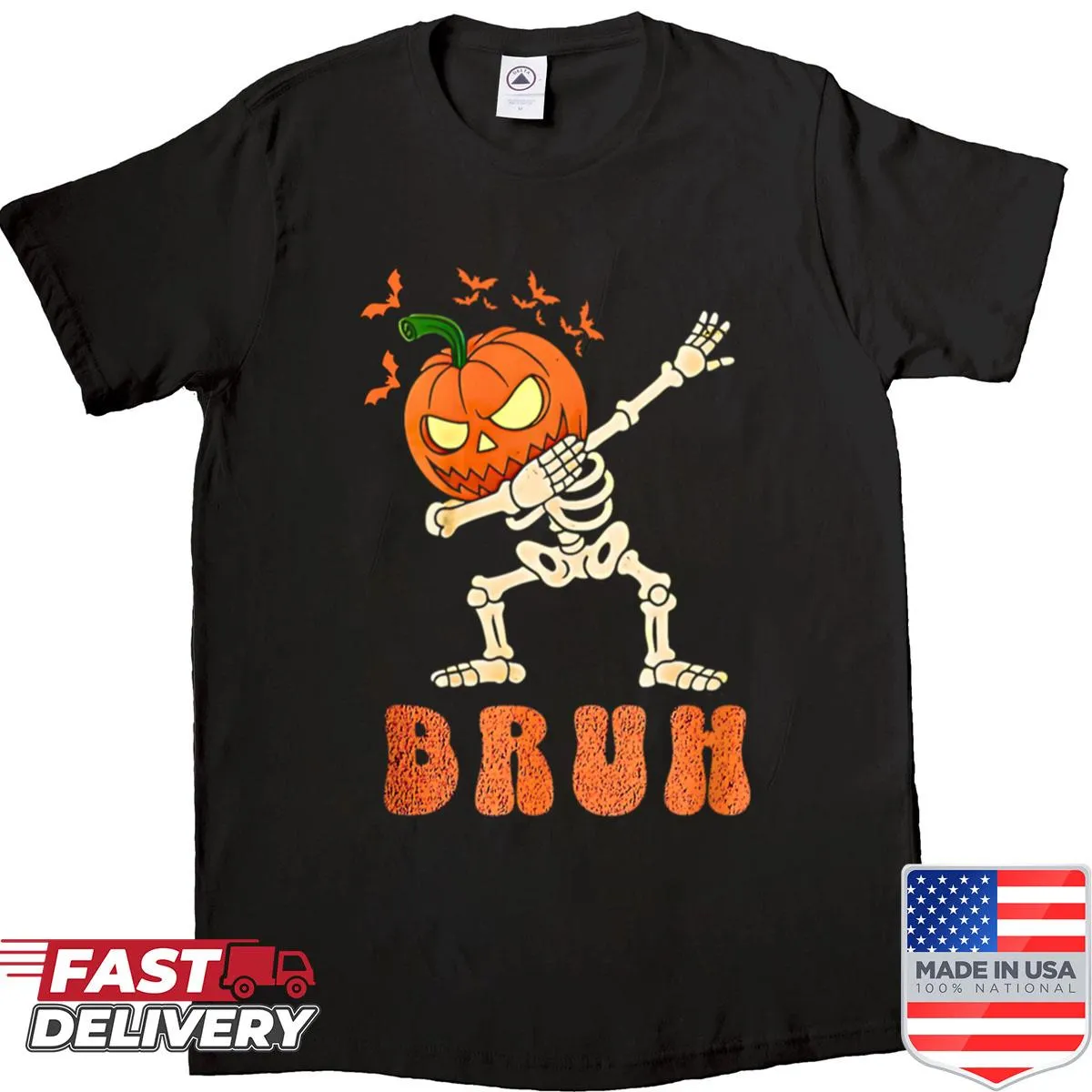 Cartoon skeleton dabbing on a Halloween T-shirt for kids