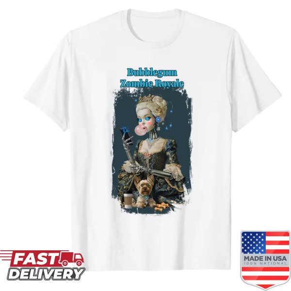 Whimsical bubblegum zombie graphic on a playful tee shirt