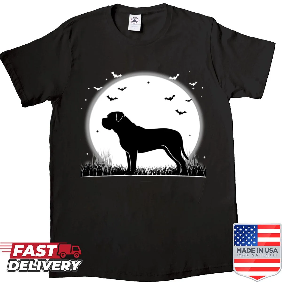 Silhouette of a Bullmastiff dog against a moon on Halloween shirt
