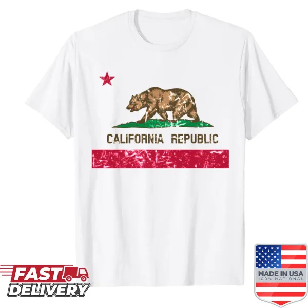Distressed California Republic flag t-shirt with bear and star design