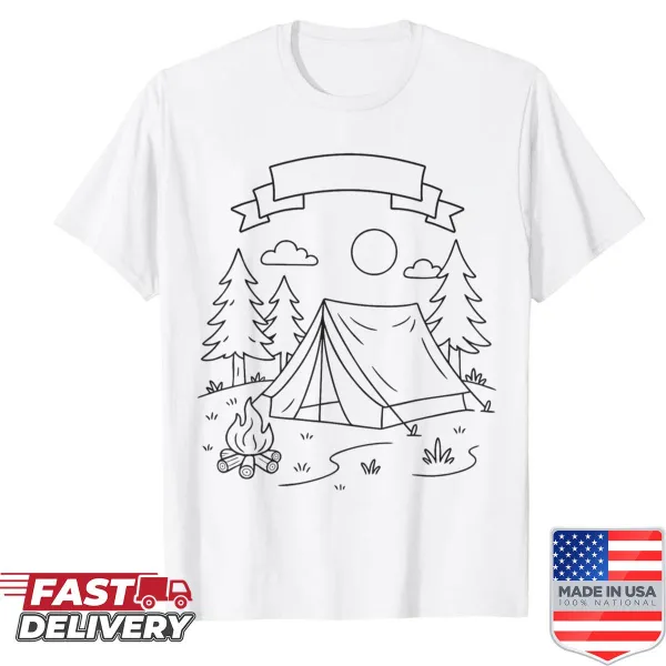 Camping tent and campfire illustration for an outdoor adventure shirt