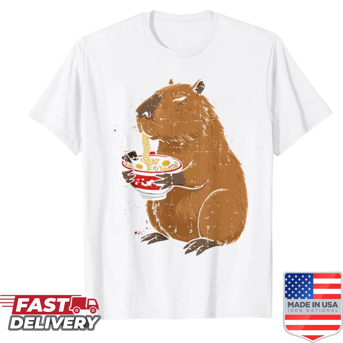 Capybara graphic enjoying ramen on a T-shirt