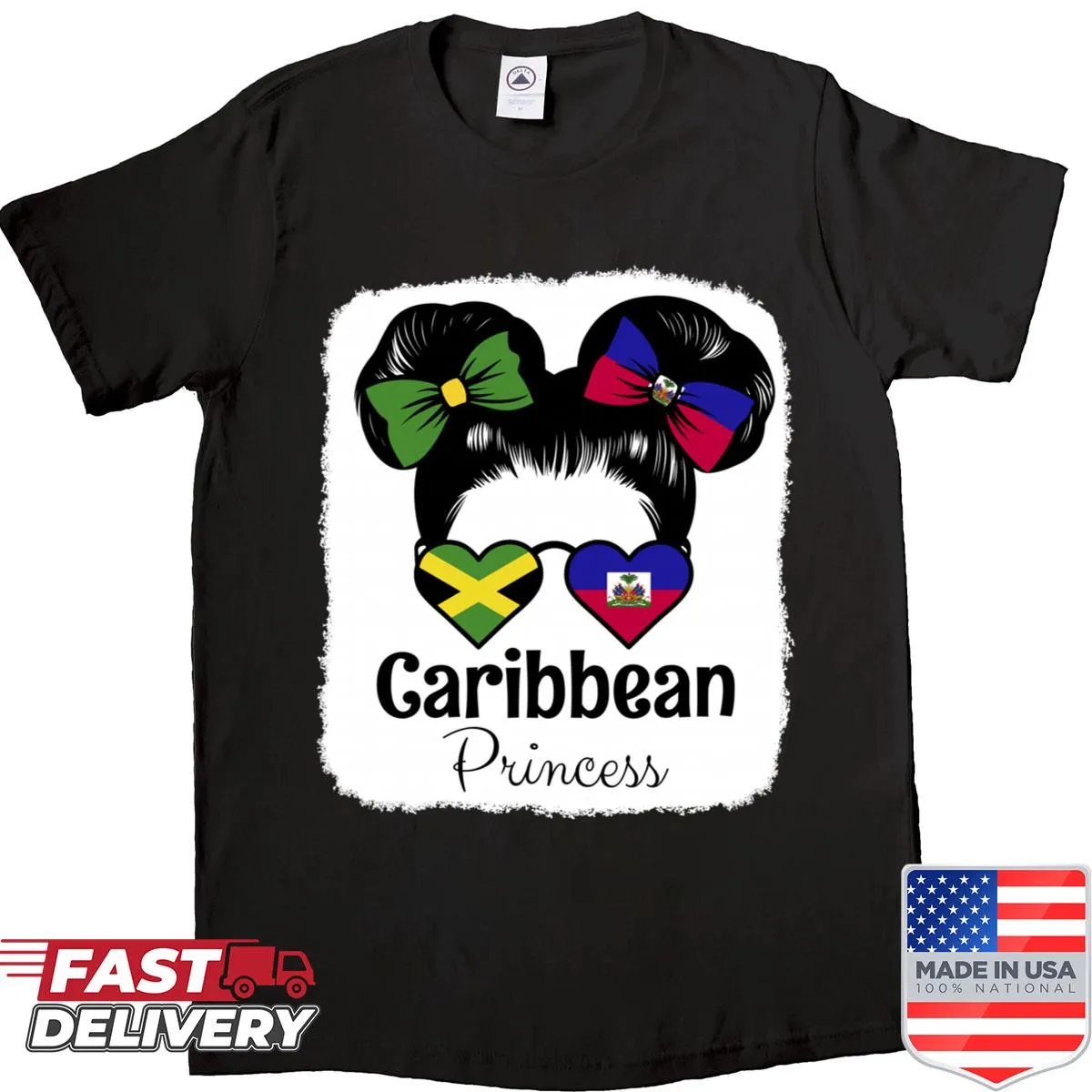 Illustrative Caribbean Princess shirt celebrating Jamaican and Haitian heritage
