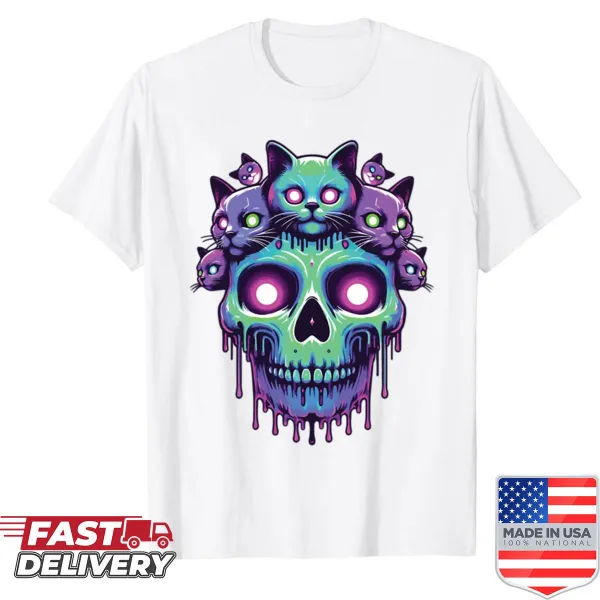 Creepy Halloween t-shirt featuring a cat in a skull graphic