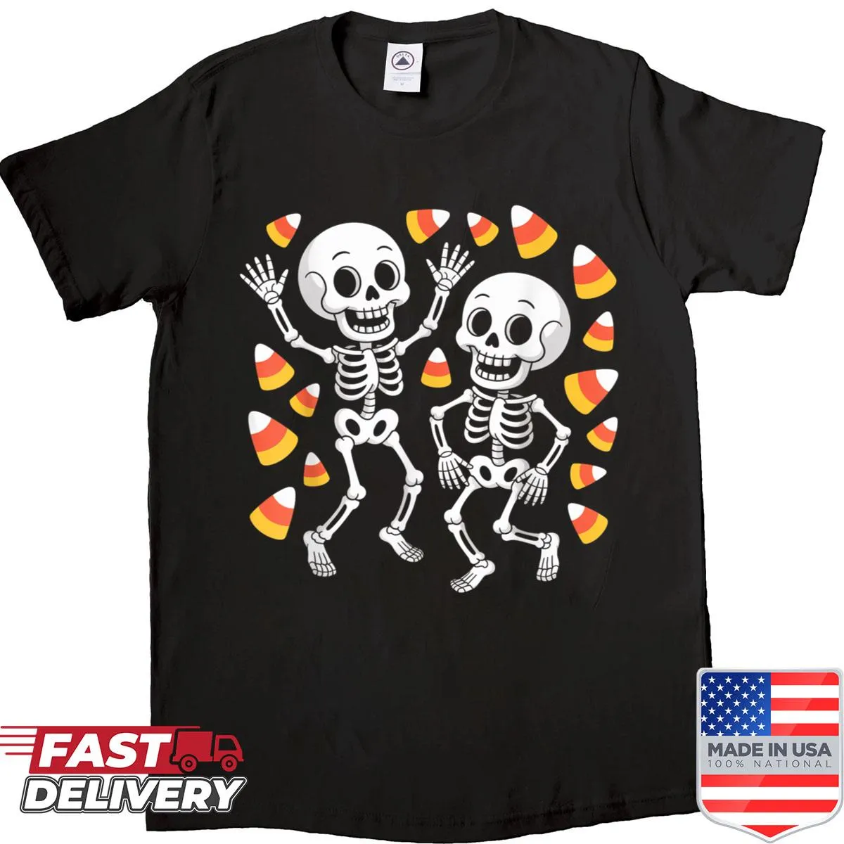 Funny Halloween t-shirt for kids with skeletons and candy theme