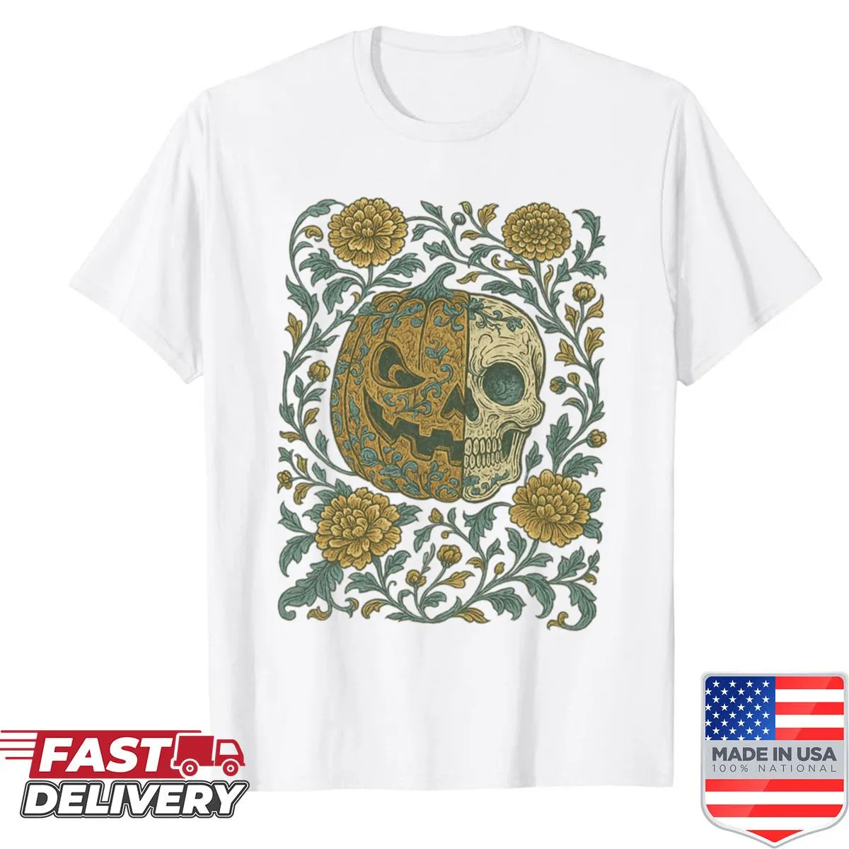 Oversized shirt with a gothic pumpkin skull and floral chinoiserie design