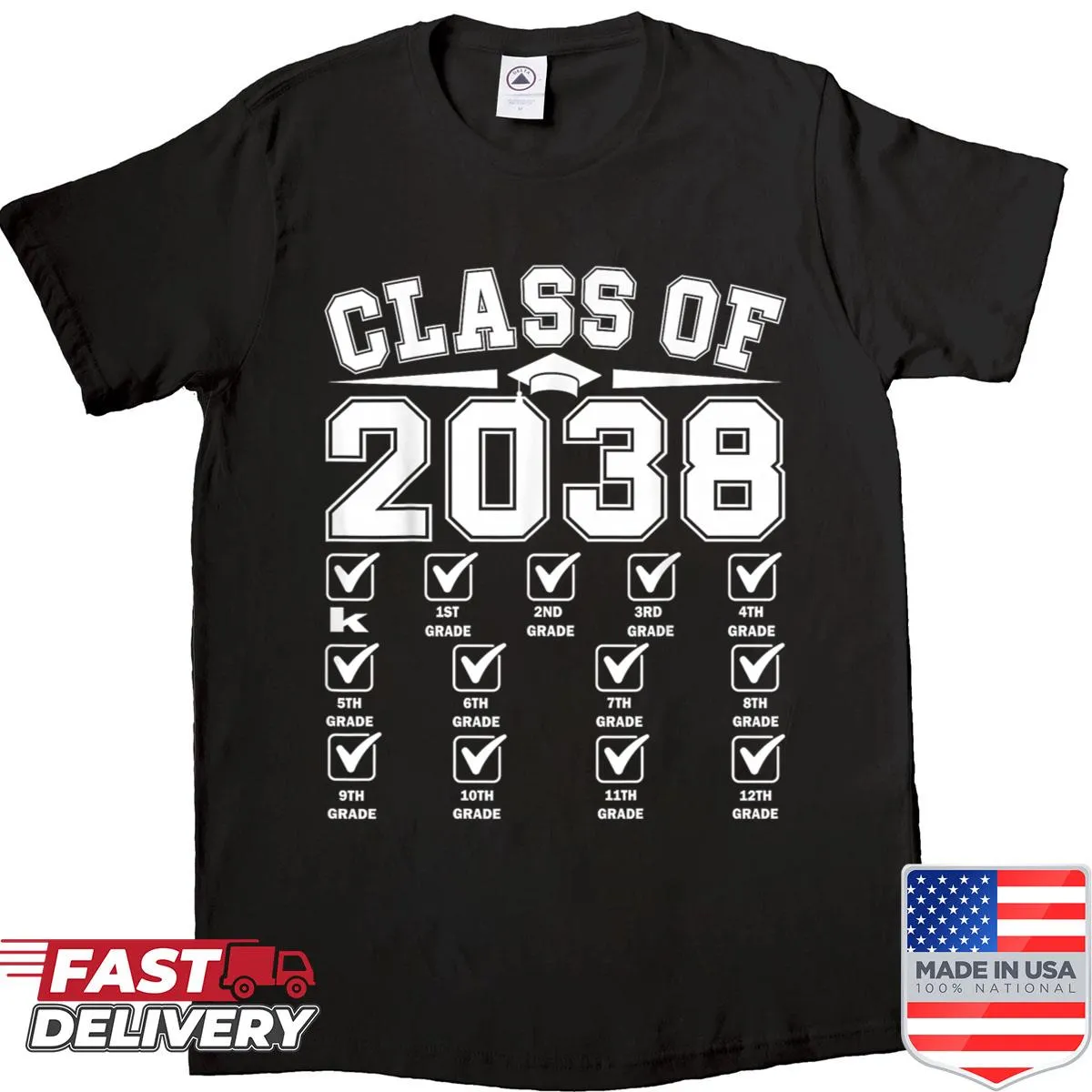 Illustrative shirt celebrating growth from kindergarten to graduation 2038