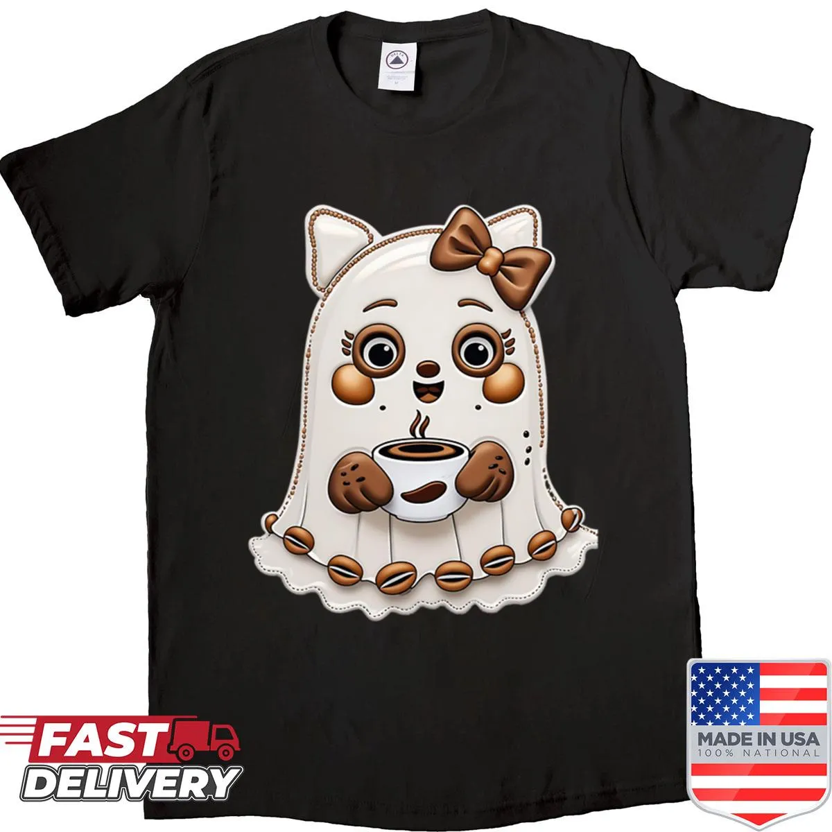 Illustration of a cat ghost girl with a bow on a t-shirt