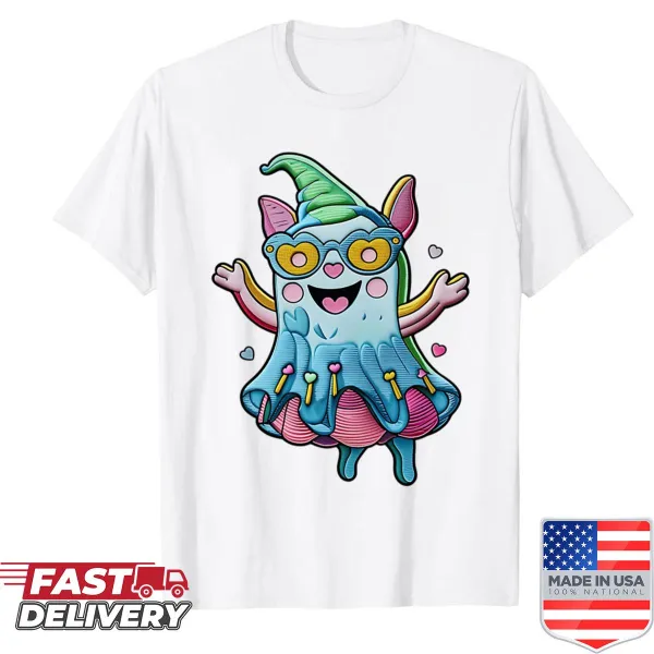 Kawaii ghost with glasses and hat illustrated on a shirt