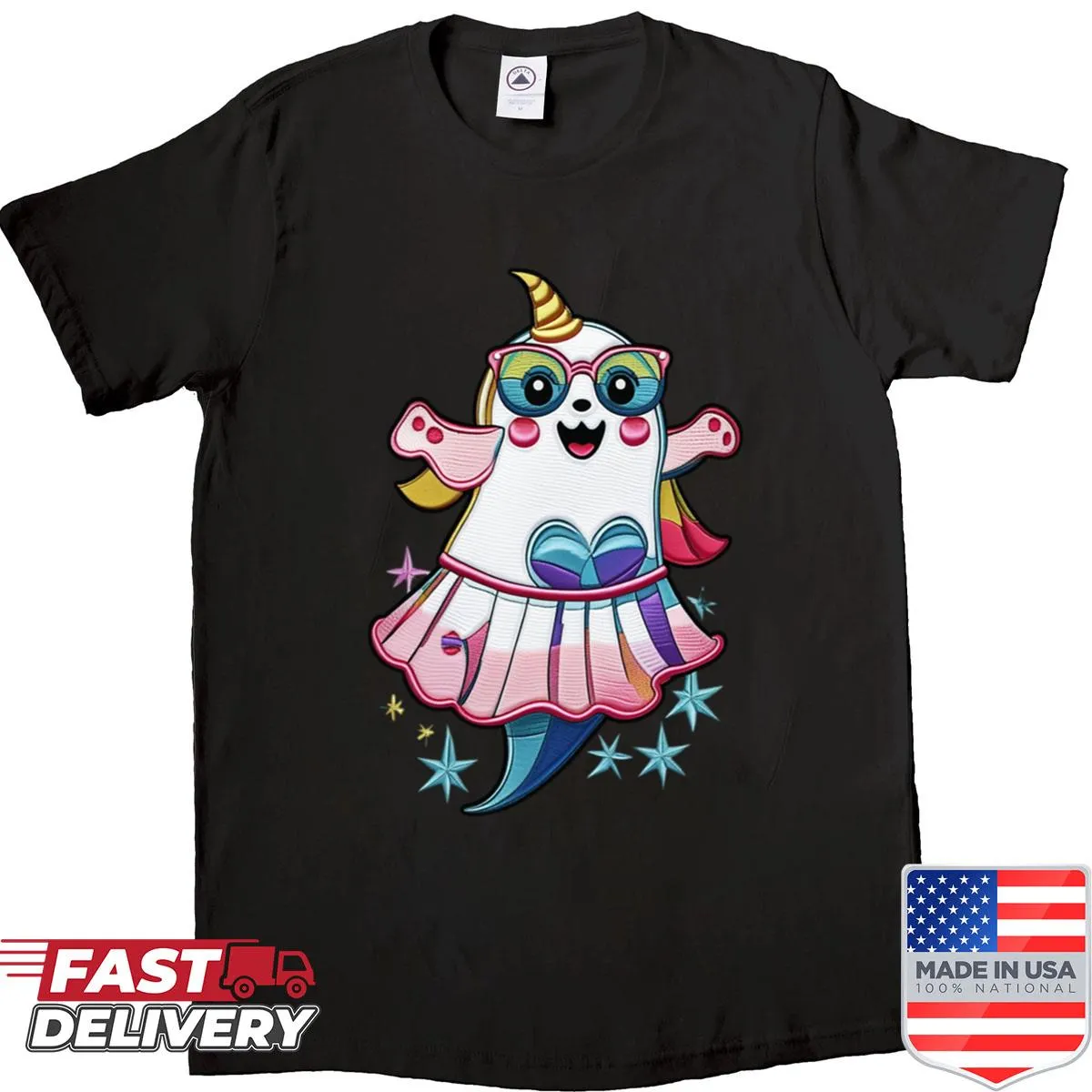 Oversized T-shirt featuring a playful unicorn ghost illustration