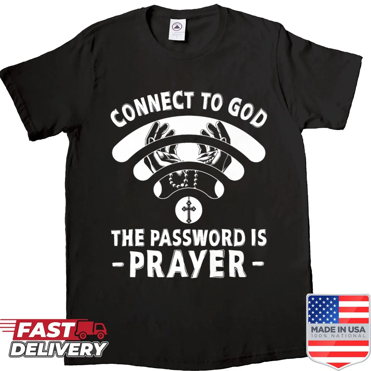Inspirational prayer-themed shirt with text design.