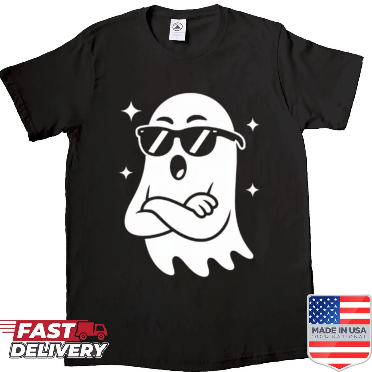 Cartoon ghost with sunglasses on a funny Halloween T-shirt