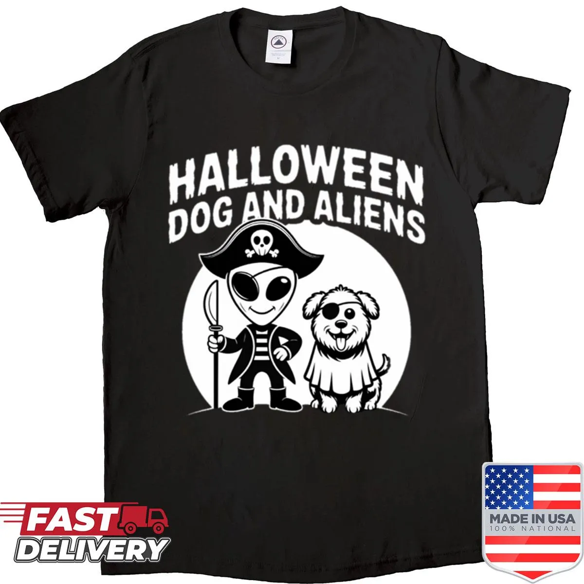 Humorous Halloween shirt featuring dogs, cats, and aliens