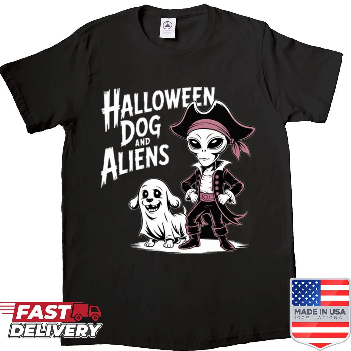 Playful Halloween shirt with repeating phrases and illustrations of pets and an alien