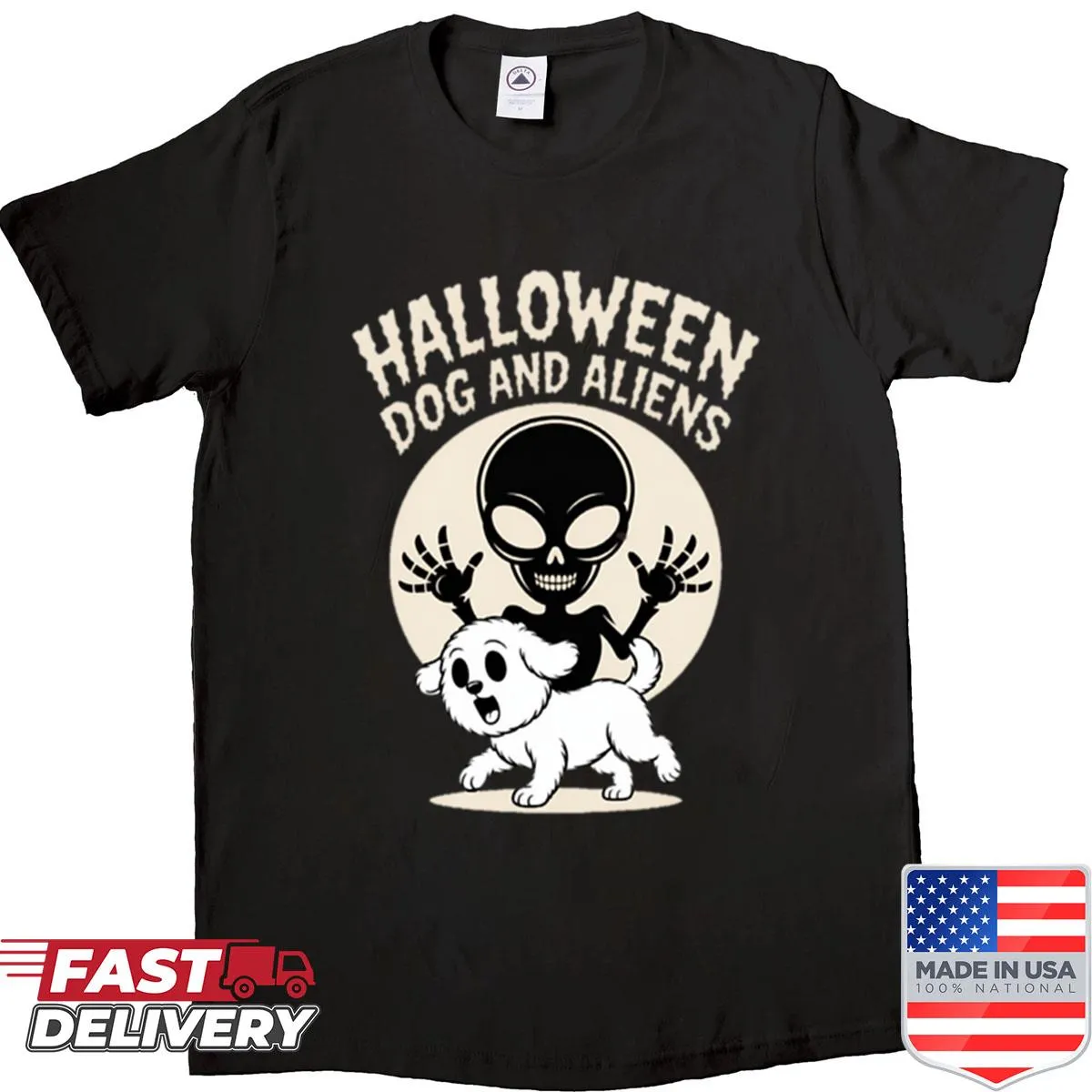Funny Halloween T-shirt with dogs, cats, and aliens illustration