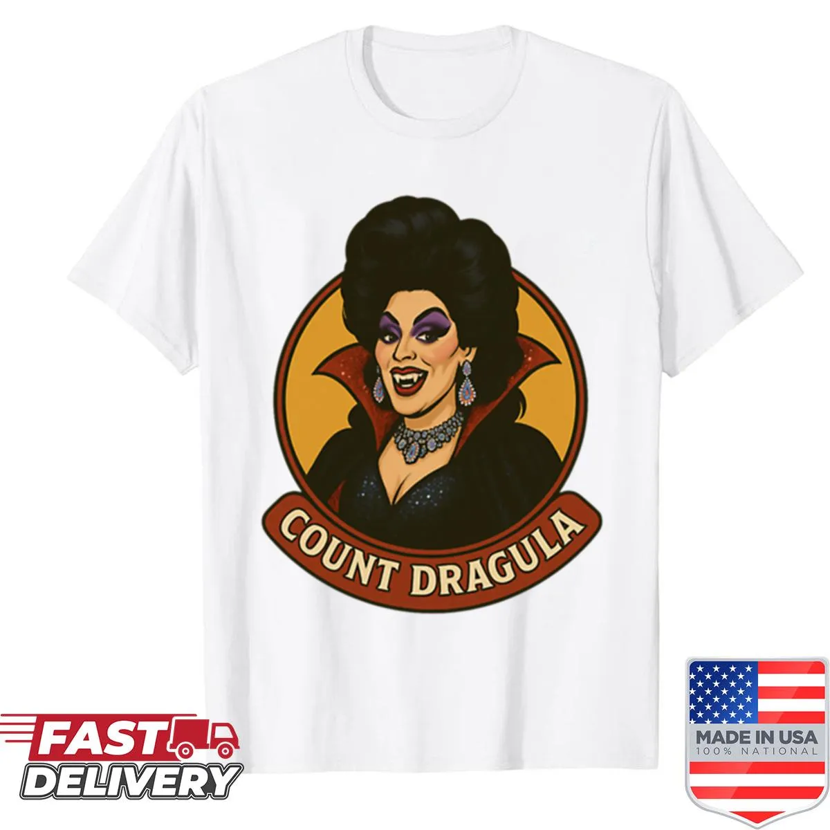 Retro t-shirt featuring Count Dragula drag queen vampire design