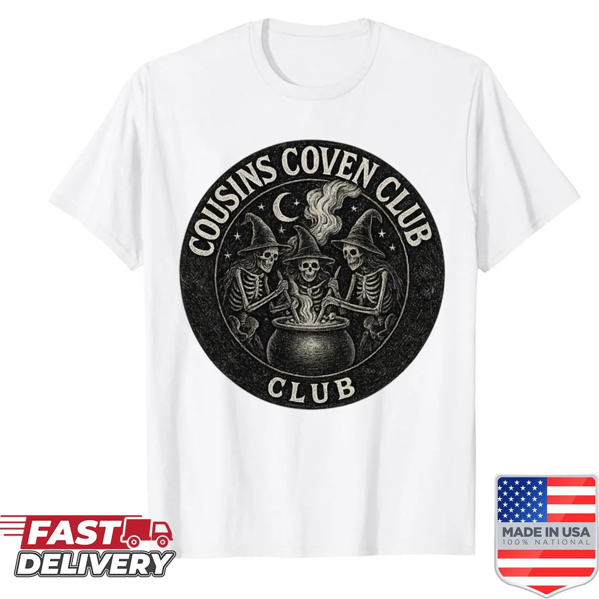 Whimsical witch skeleton design for Halloween with 'Cousins Coven Club'