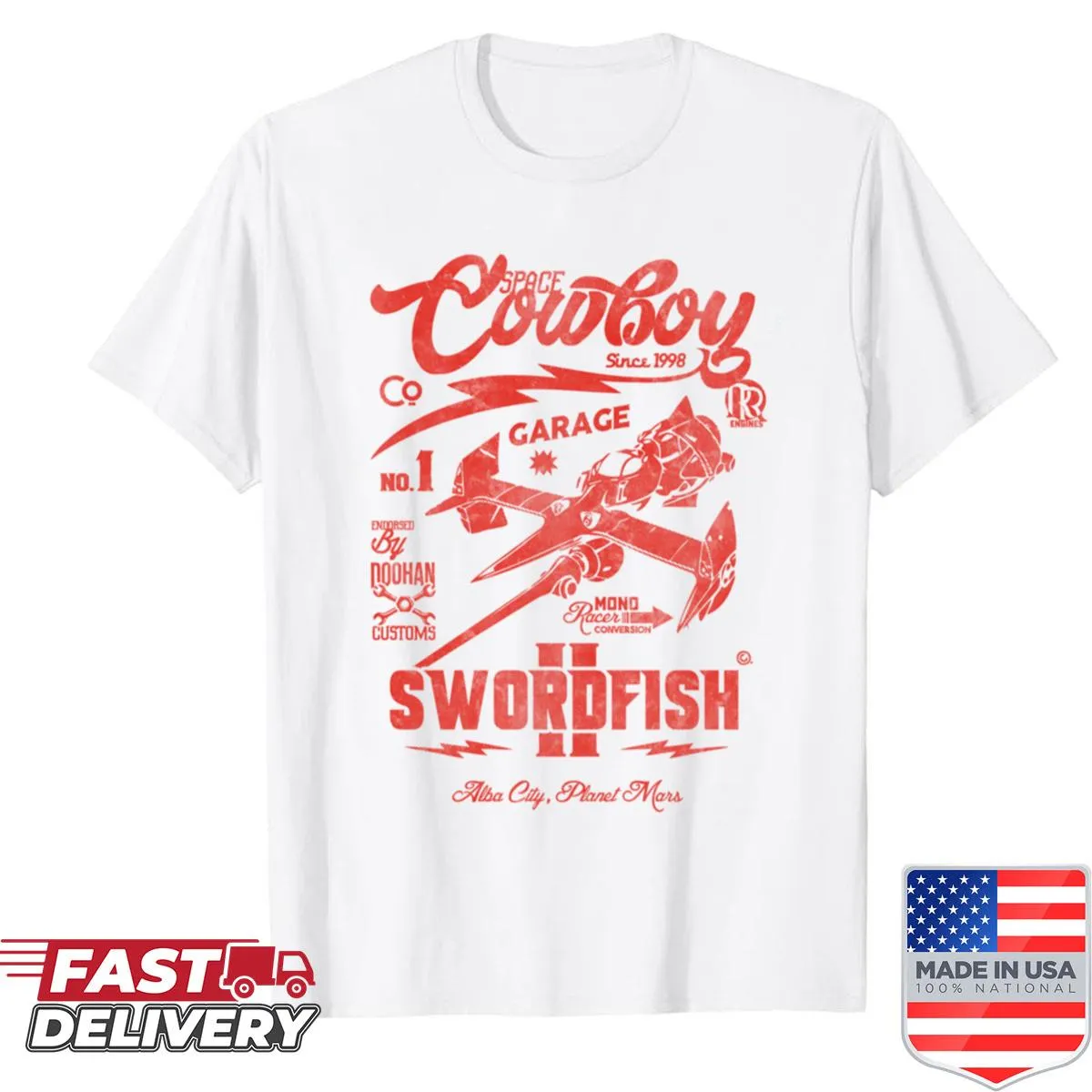 Illustrated shirt featuring cowboy and garage themes for dads