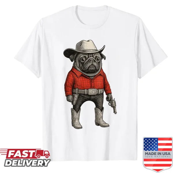 Funny retro shirt featuring a cowboy pug in Western attire