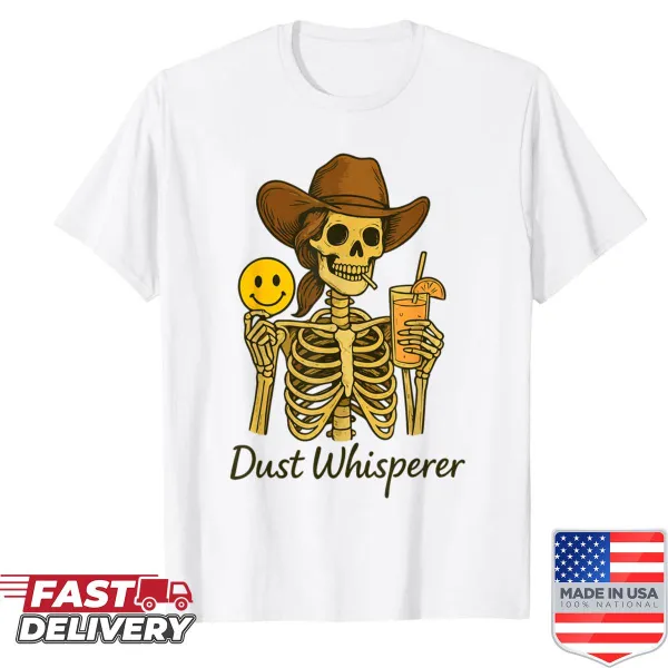 Cowgirl skeleton holding lemonade illustrated on a shirt