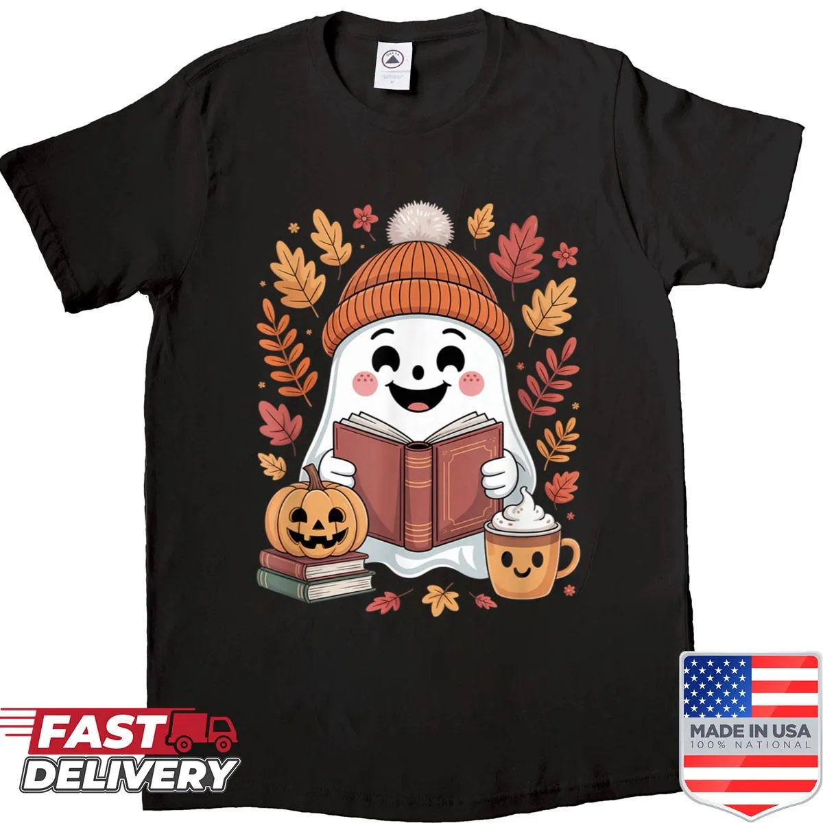 Whimsical ghost reading next to a pumpkin illustration