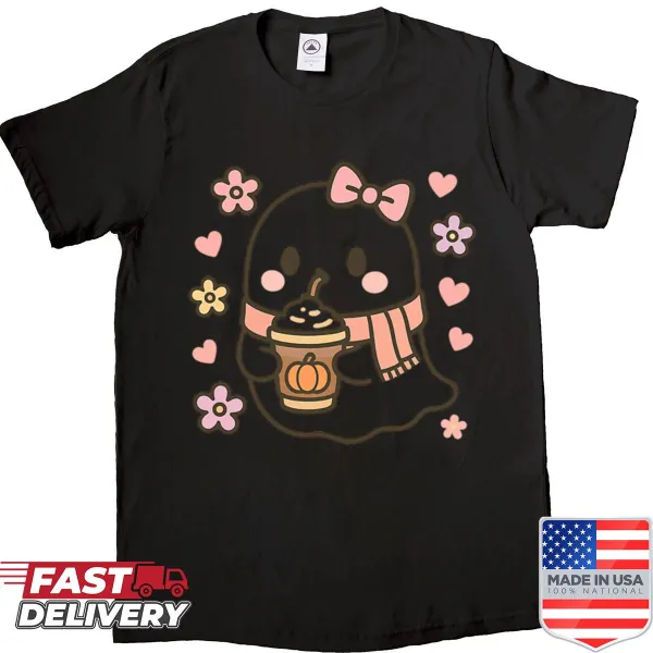 Cute ghost with pumpkin spice latte on Halloween shirt