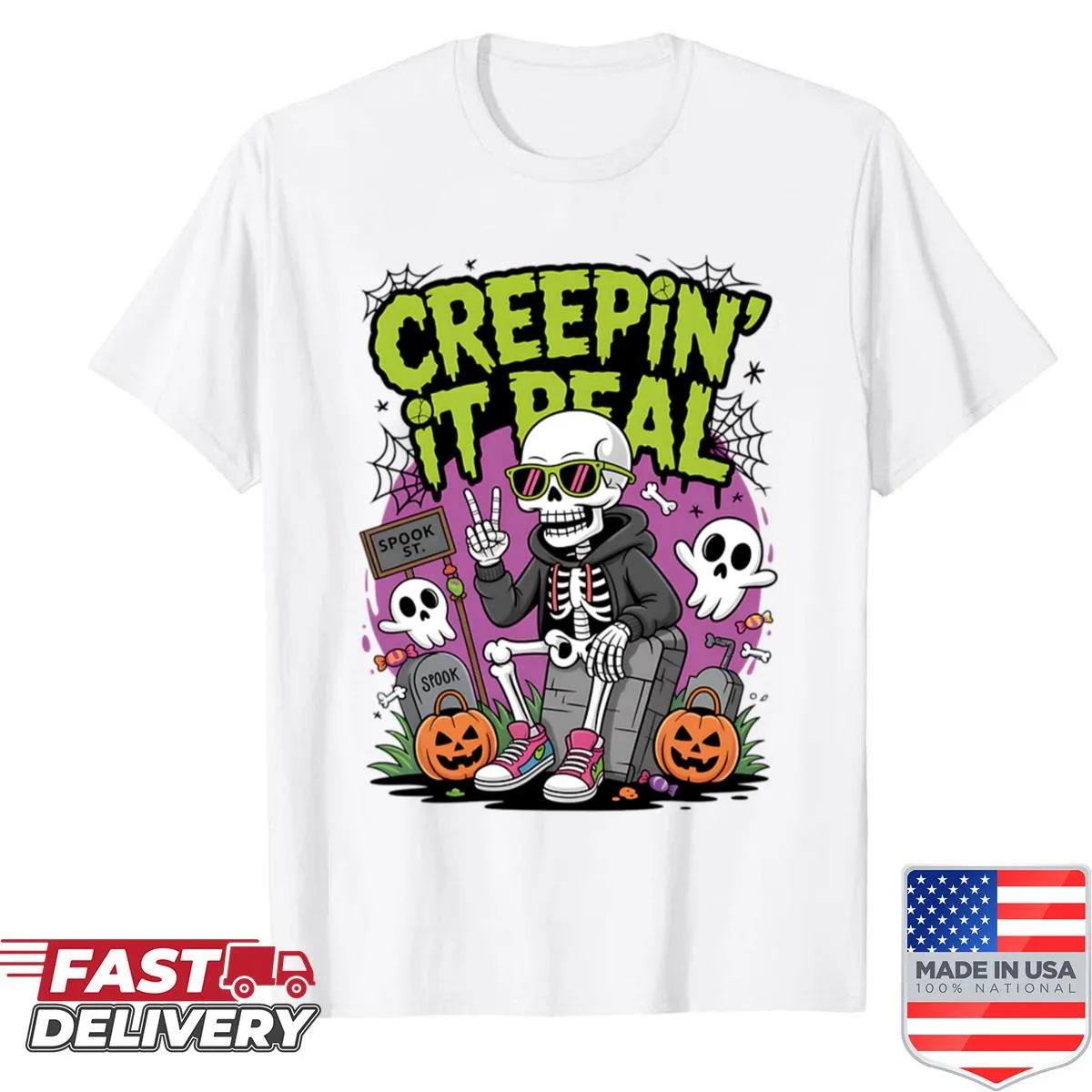 Cartoon skeleton with 'Creepin It Real' text on a Halloween shirt