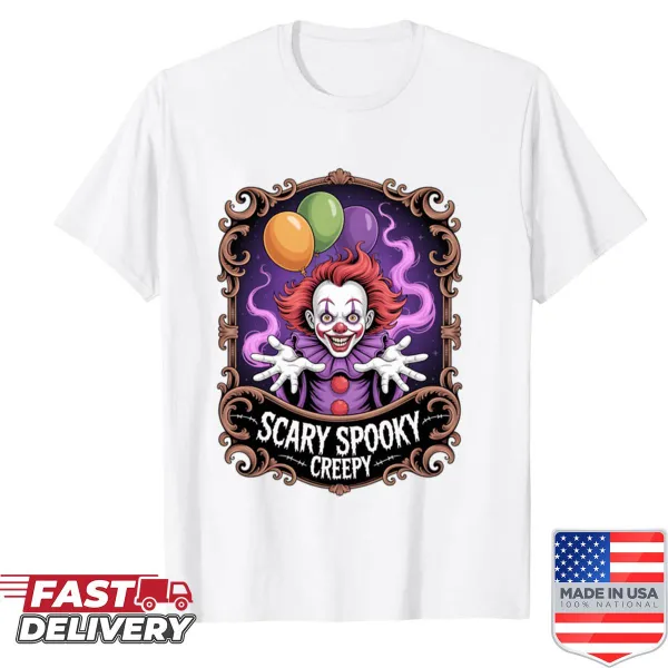 Creepy clown graphic shirt designed for horror enthusiasts