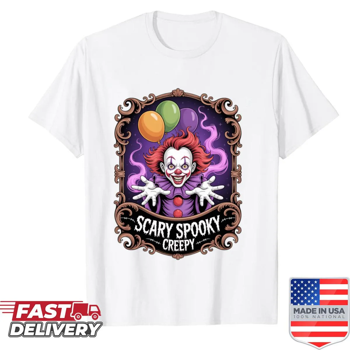 Creepy clown graphic shirt designed for horror enthusiasts