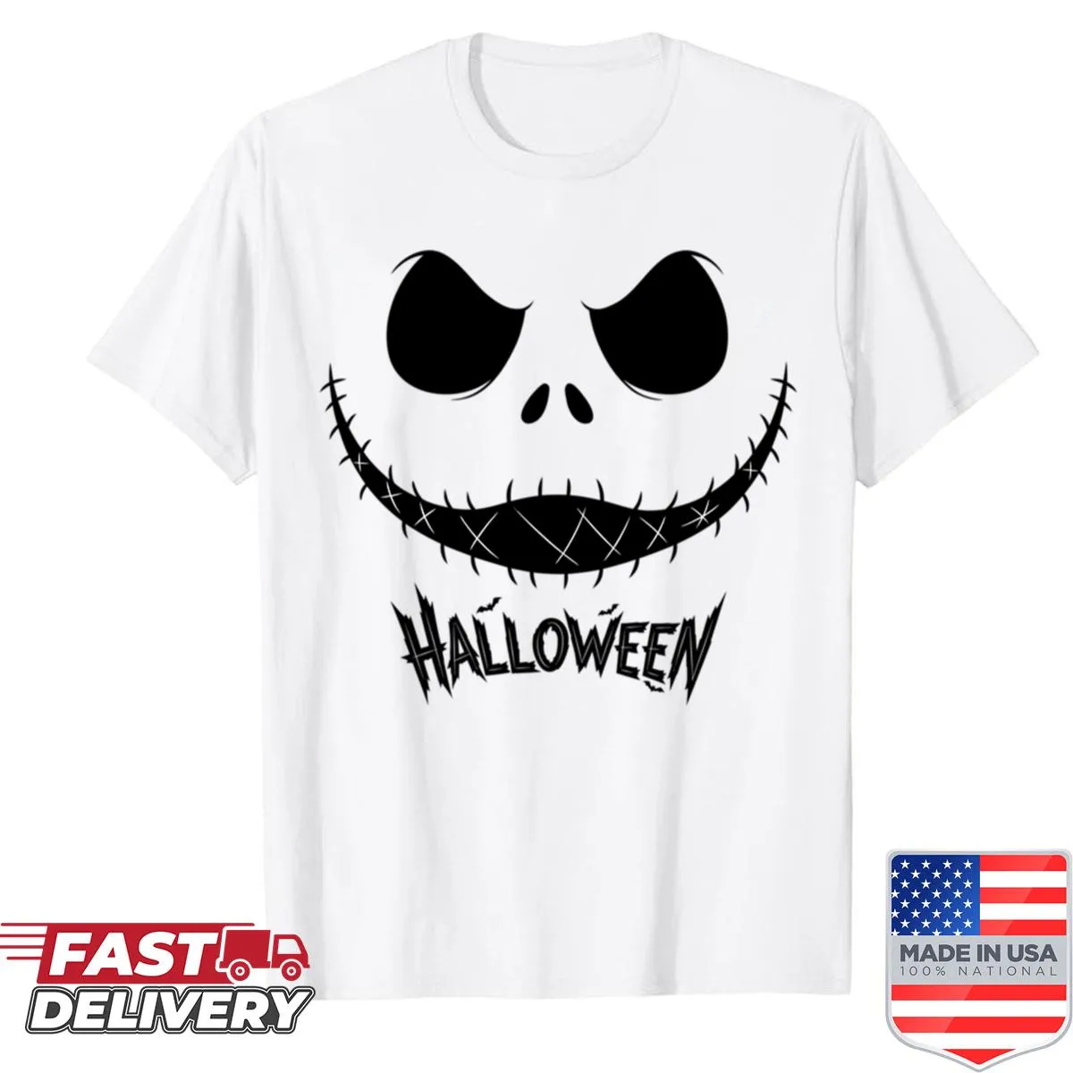 Illustration of a creepy grinning skull face on a Halloween shirt