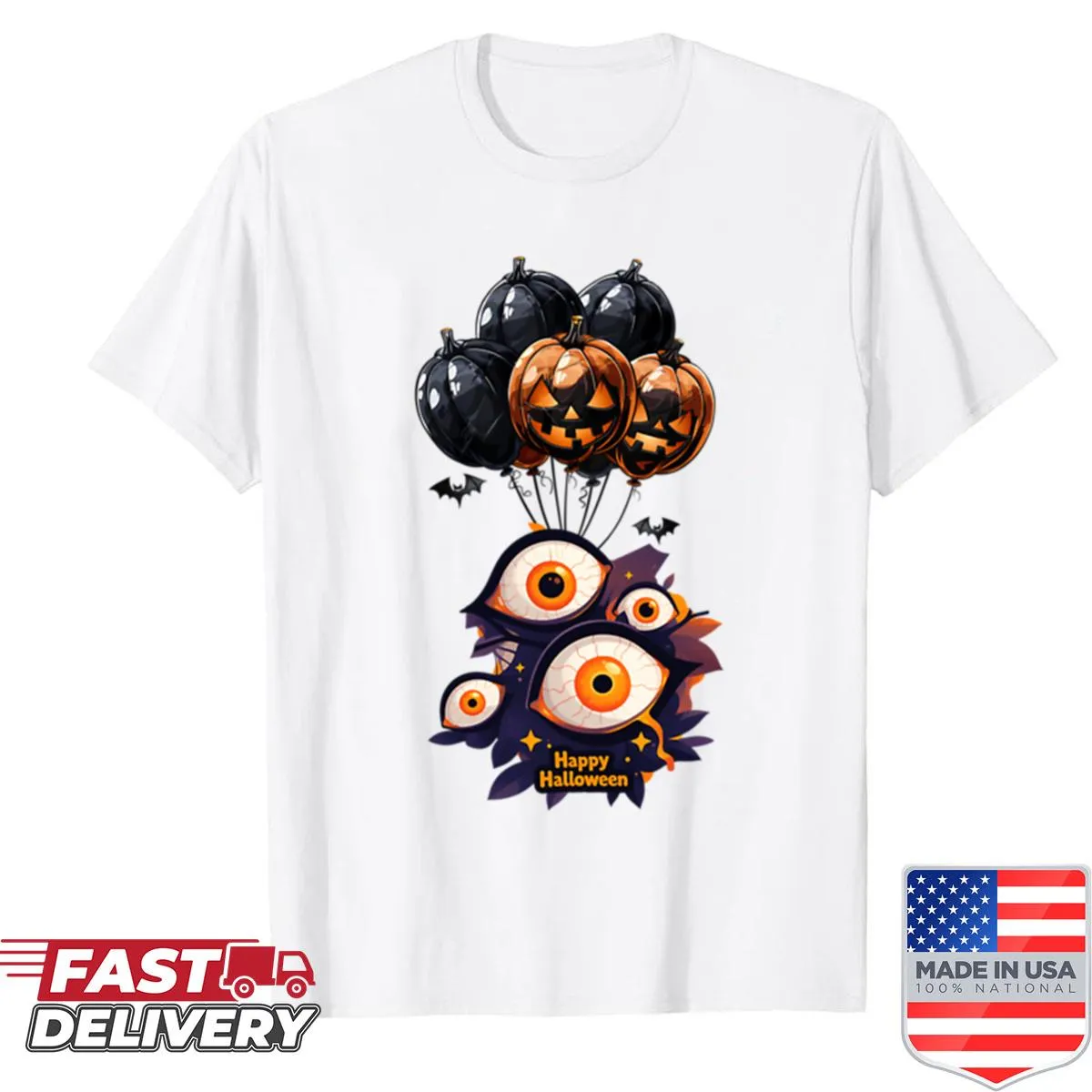 Creepy pumpkin with eyeballs and balloon design on shirt